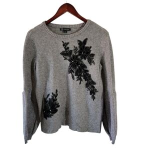 I.N.C. International Concepts Gray Floral Applique Long Sleeve Ribbed Knit Top L